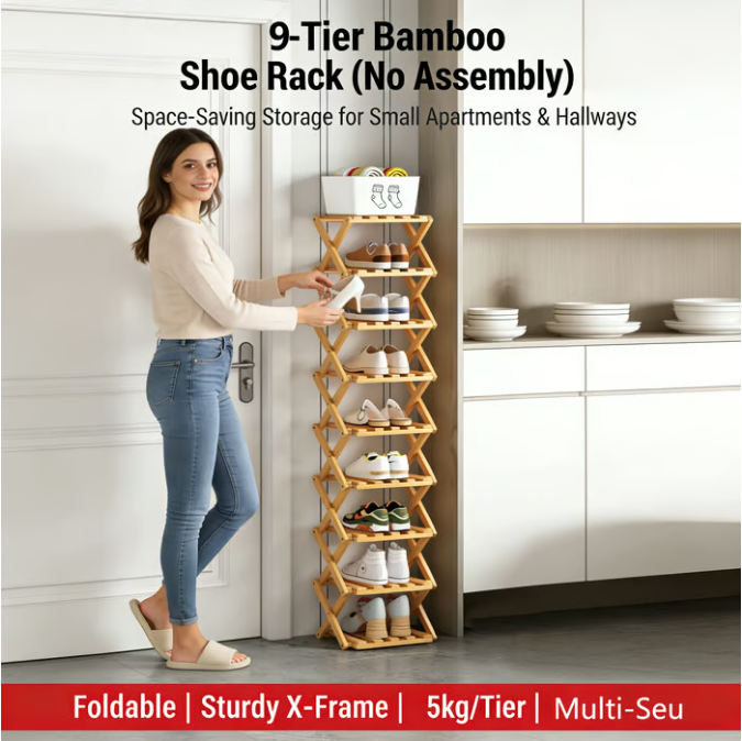 Felvaris®No-Assembly Foldable Bamboo Shoe Rack & Storage Organizer