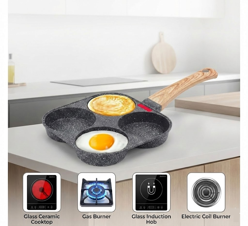 🍳4-Cup Nonstick Egg & Pancake Pan – Stone-Coated Skillet for Gas, Electric & Induction Stovetops
